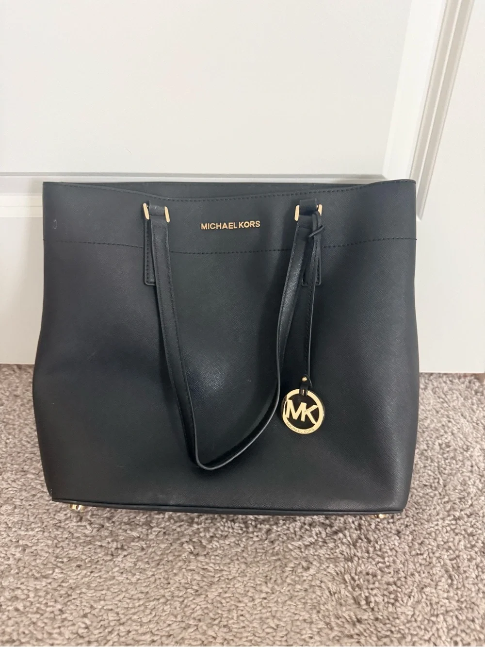 Michael Kors Black Leather Tote with Gold MK Charm